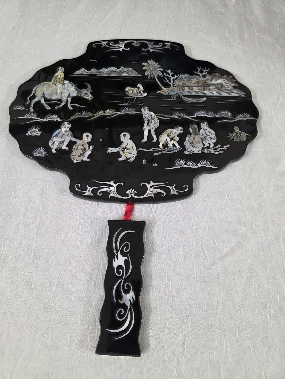 Vintage asian Themed Black Laquered Abalone Scene Picture wall hanging